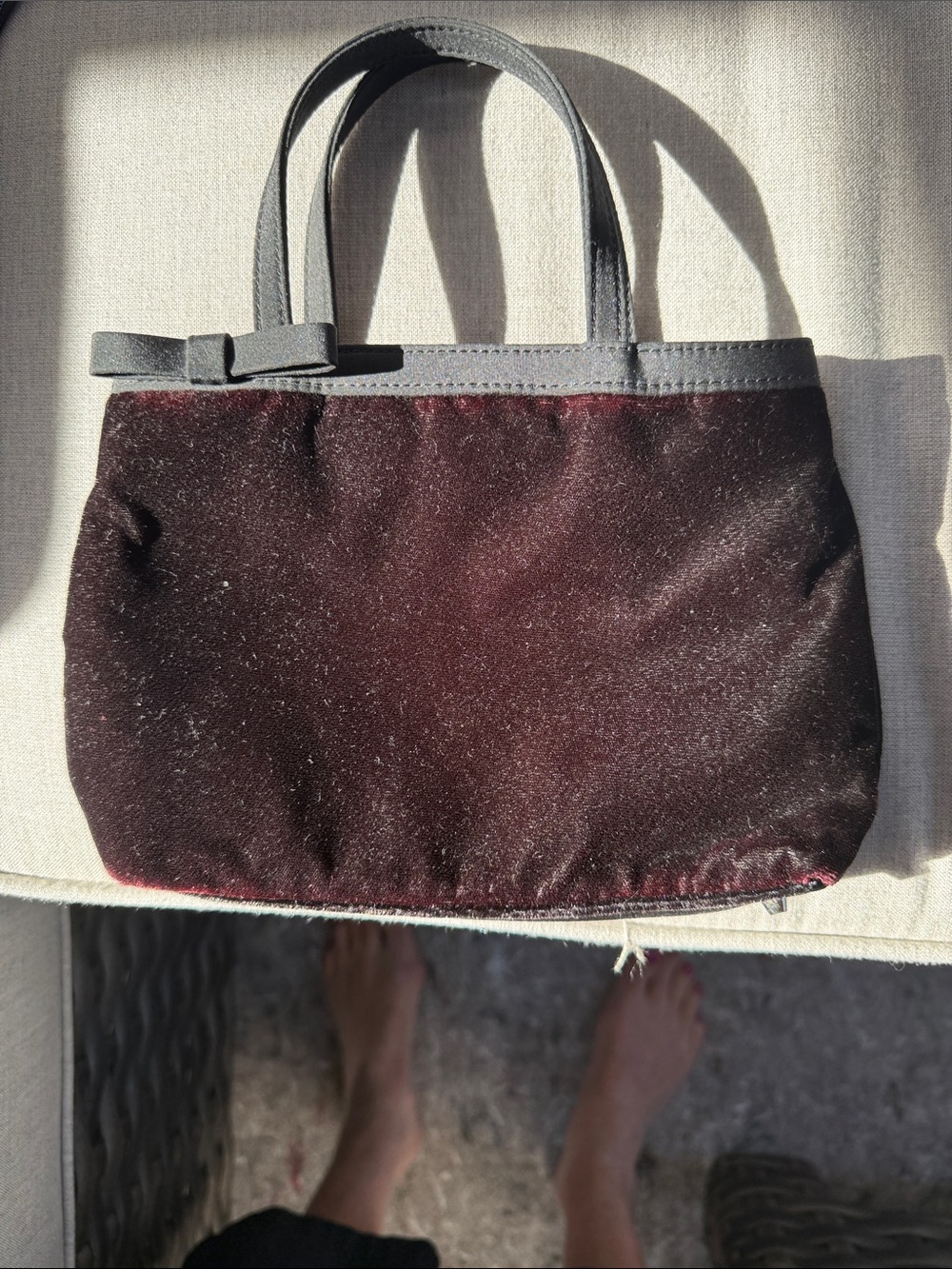 GAP Burgundy Velvet Bow Top-Handle Tote with Black Trim